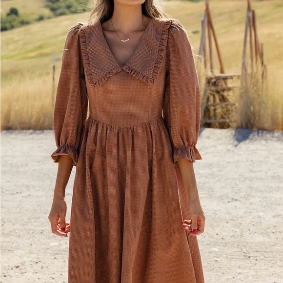 Roolee Dresses & Skirts - Roolee Rust Brown Ruffled Collar Midi Dress